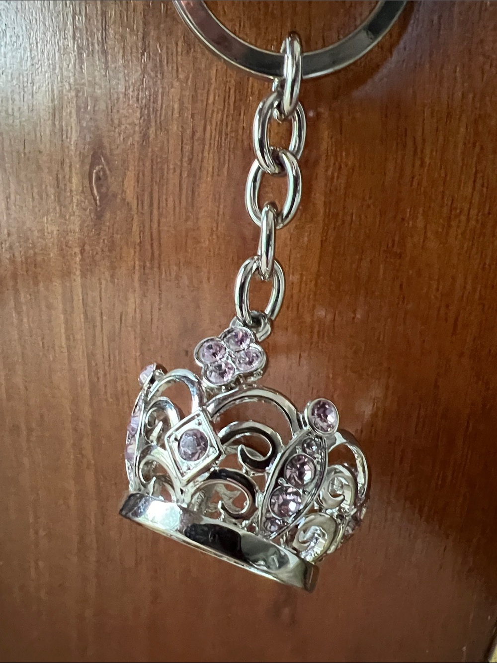 Silver Crown Queen Princess Keychain Charm Filigree Pink Rhinestone Crystals
